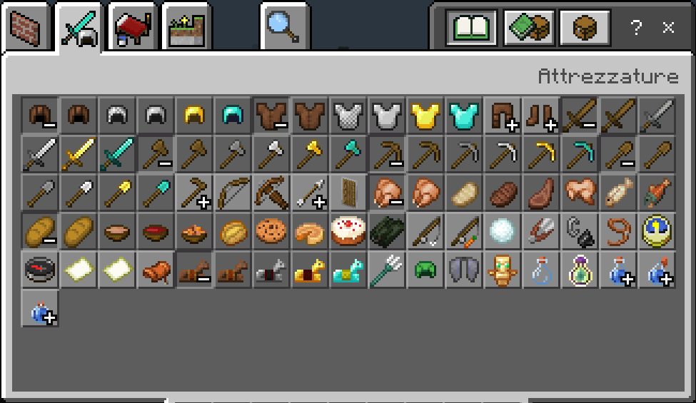 Inventario Minecraft Blocchi attrezzature armi, cibo e pozioni