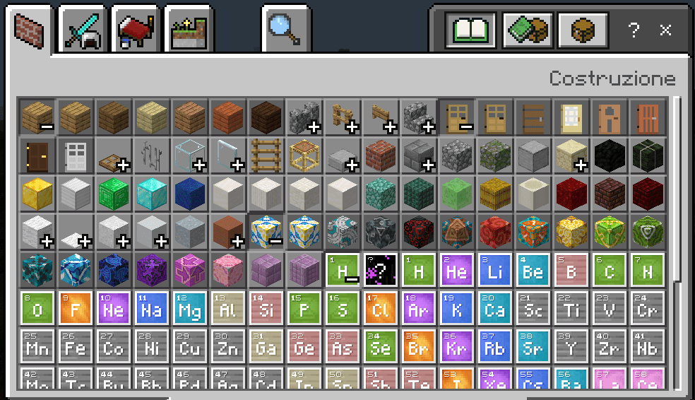 Inventario Minecraft Blocchi di Costruzione ed elementi chimici tavola periodica