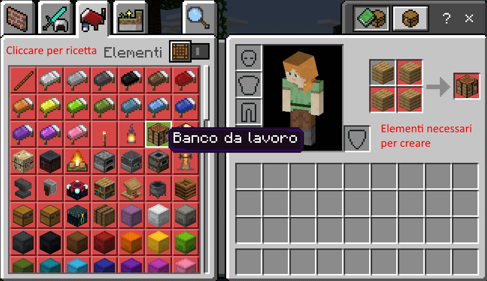 Inventario elementi Crafting e ricette